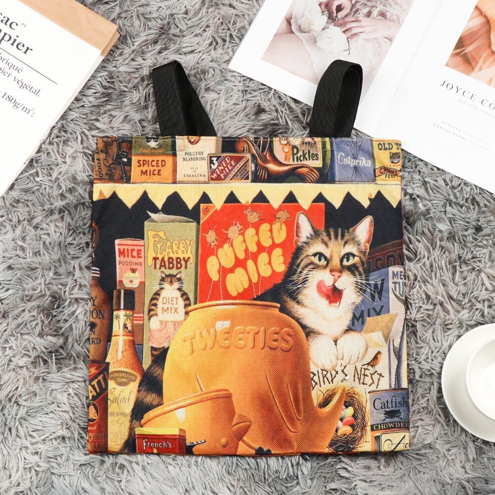 Women Printed Shopping Bag Casual Single Shoulder Bag Waterproof Cartoon Large Linen Cat Oil Shopper Tote Handbag