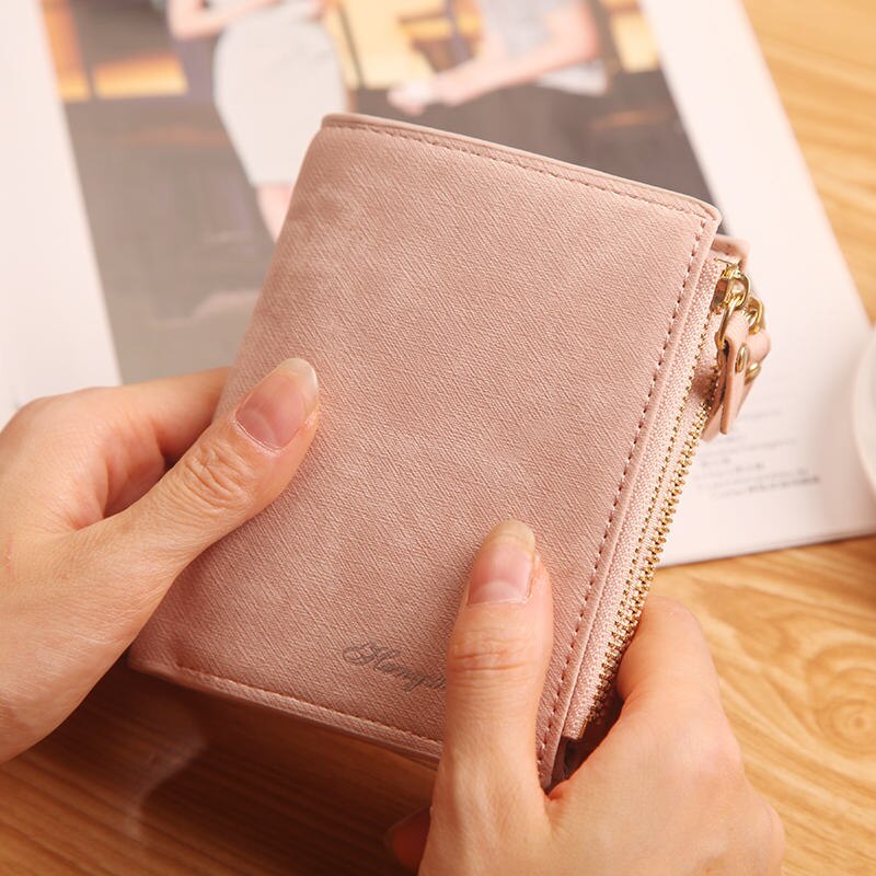 Haut tendance petit portefeuille PU sac à main en cuir mat court femme porte-monnaie fermeture éclair pochette porte-monnaie carte de crédit: Rose