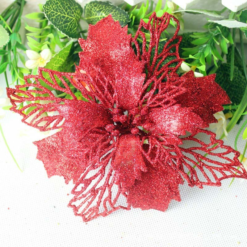 6pcs Glitter Kunstmatige Kerst Bloemen Vrolijke Kerstboom Decoratie Ornamenten Xmas Party Supplies Nep Bloemen Hoofd