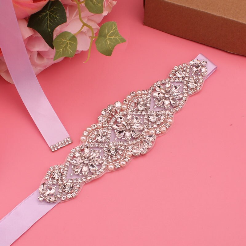 Kristall Hochzeit Gürtel Satin- Strass Party Kleid Gürtel Braut Band Gürtel Brautjungfer Hochzeit Zubehör: hell Violett