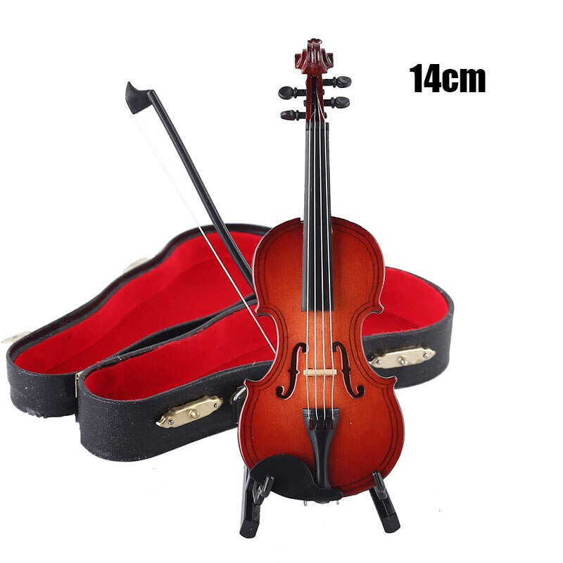 Miniature violin model replika med stativ og etui mini musikinstrument ornamenter dekoration: 14cm