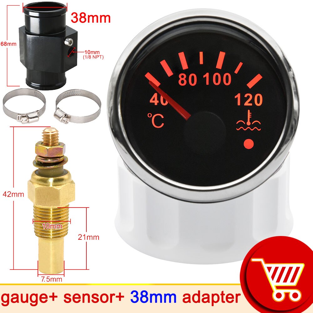 52mm Water Temp Gauge with Alarm Light 40-120℃ Truck Moto Car Temperature Sensor 10mm Water Coolant Temperature Sensors Adapter: 38mm Black adapter