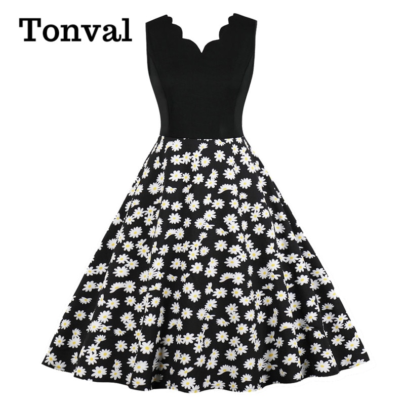 Tonval Scalloped V Neck Floral Print 50S Robe Casual Swing Dress Women Summer Plus Size Vintage Pinup Dresses