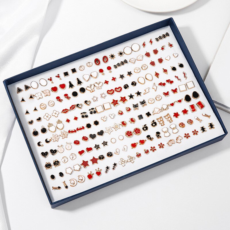 100 Pairs Boxed Leuke Oorbellen Gemengde Stijlen Kristal Kleine Stud Oorbellen Sets Meisje Geometrische Plastic Oorbellen Voor Vrouwen Sieraden