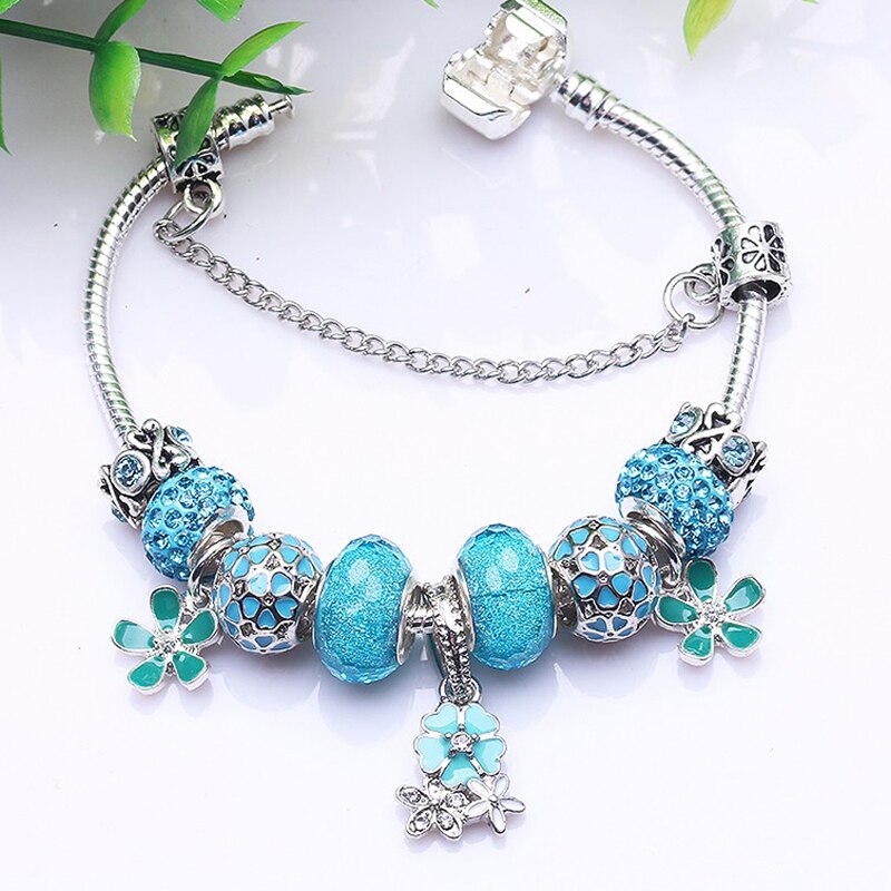 Christmas Blue Crystal Flower Pendant Charm Bracelets With Silver Color Beads Bracelets Bangles For Women Pulsera Jewelry