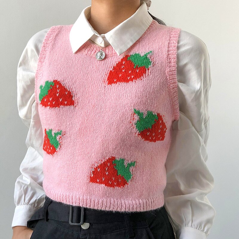 Gilet Tricot Fraise - Style Y2k Sans Manches - Top Court Col Rond