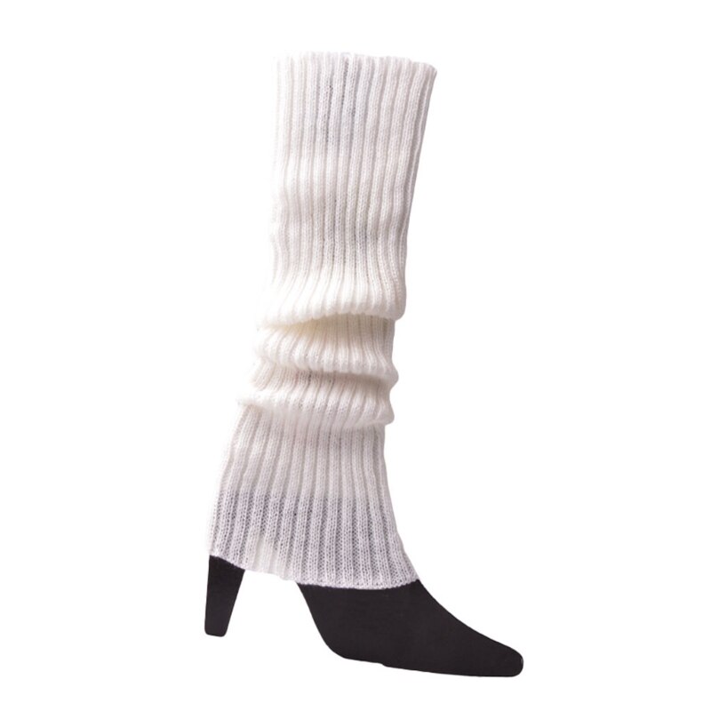 Women 80s Fluorescent Neon Colored Knit Leg Warmers Ribbed Crochet Bright Footless Socks Stockings Halloween Dance Party: White