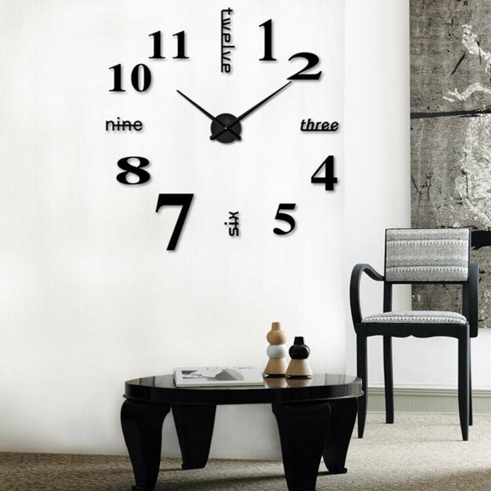 Reloj de números para pared, espejo para pegatina de decoración del hogar, oficina y habitación de niños: Negro
