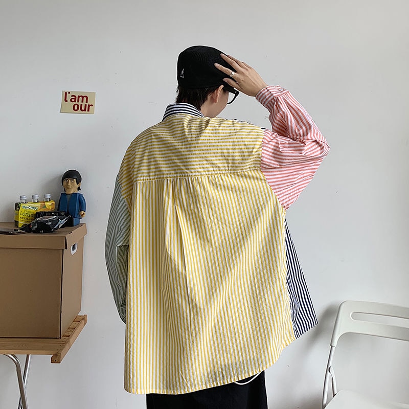 Camisa a rayas para hombre, camisa informal de negocios de Color contrastante, ropa de calle, camisa holgada de manga larga, camisa de vestir salvaje para hombre