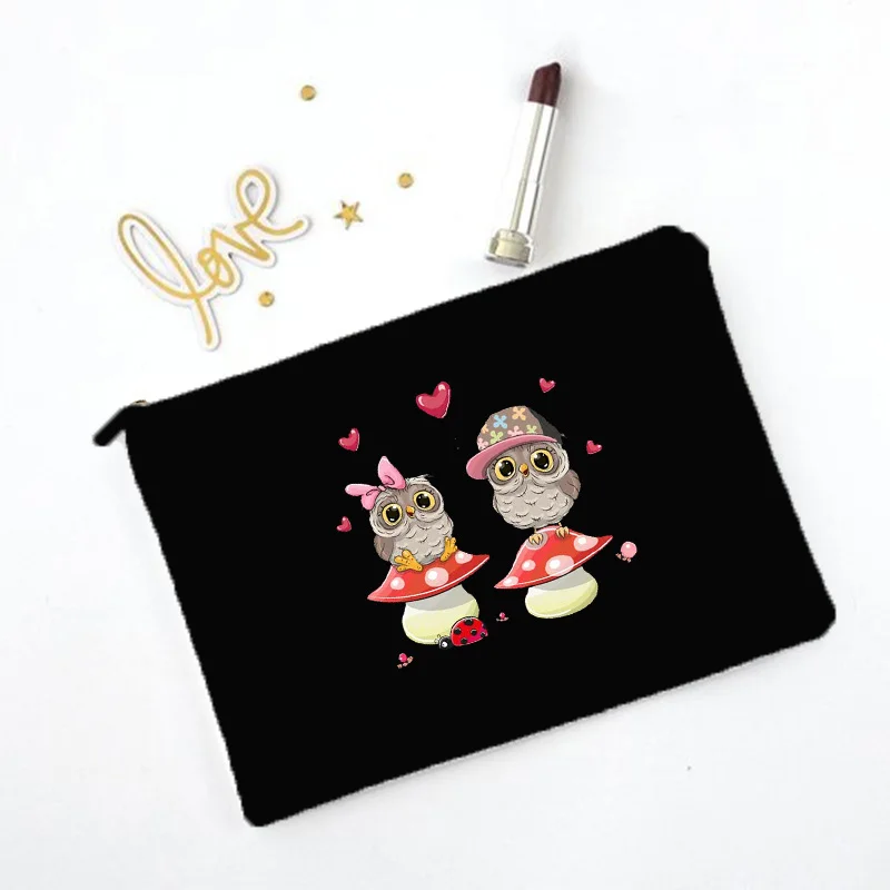 Sac de maquillage imprimé hibou de dessin animé, nécessaire de voyage, pochette de rangement de toilette pour femmes, sacs à cosmétiques en toile à fermeture éclair, meilleur: Café
