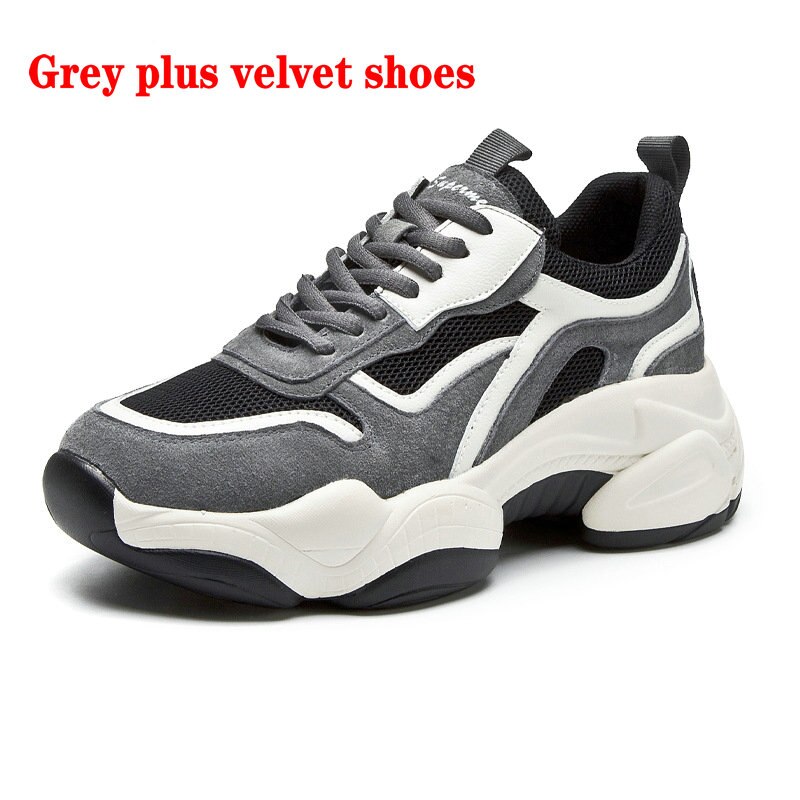 Autumn wild winter sponge cake shoes thick bottom plus velvet casual sports shoes running shoes women ZZ-310: Grey velvet / 10