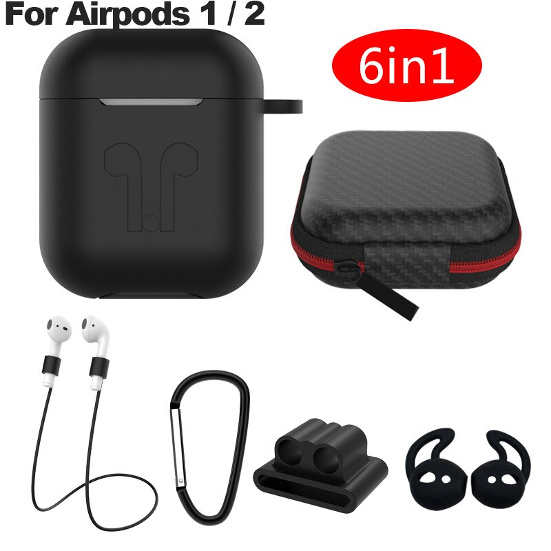 6 In-1 Case Lanyard Karabijnhaak Beschermhoes Voor Airpods 2 3 Hoofdtelefoon Siliconen Cover Voor Air Pods 2 3 Pro Case Accessoires Doos: black for airpod 1 2