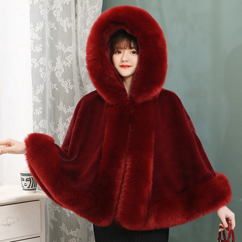 JaneVini bianco rosso pelliccia sintetica avvolgere da sposa inverno matrimonio donna scialle con cappuccio stola di pelliccia coprispalle mantello soprasse Fourrure Blanche Mariage: Burgundy
