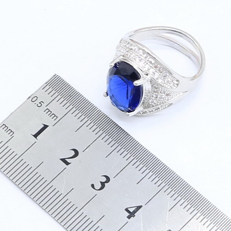 Silver färg bröllop smycken set för kvinnor blå halvädelst armband örhängen halsband hänge ringar box