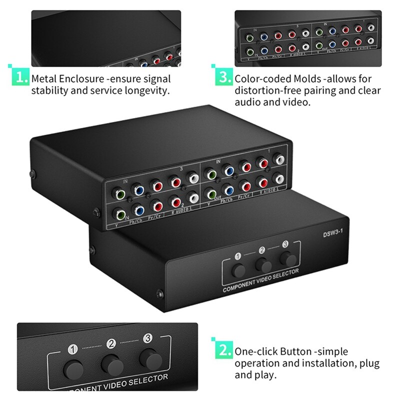 3-Way RGB Component AV Switch Video Audio Selector 3 in 1 Output Ypbpr Component RGB Switcher Box for TV 360 Wii DVD