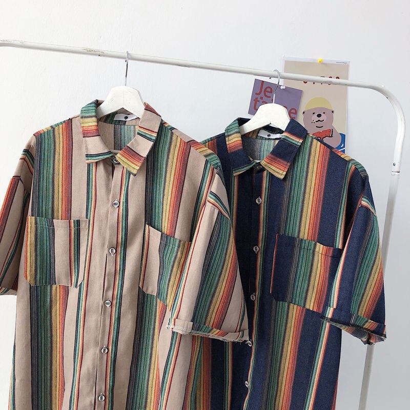 Sommer stribet skjorte herre kontrastfarve afslappet kortærmet skjorte herre streetwear vild løs kjole skjorter herre s -2xl