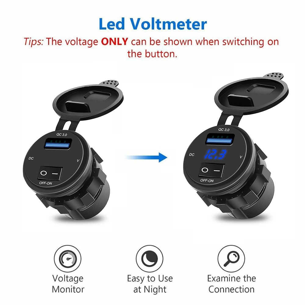 KEBIDU – Chargeur de voiture USB 3.0 avec voltmètre, prise avec affichage numérique et bouton marche-arrêt, charge rapide, parfait pour moto,