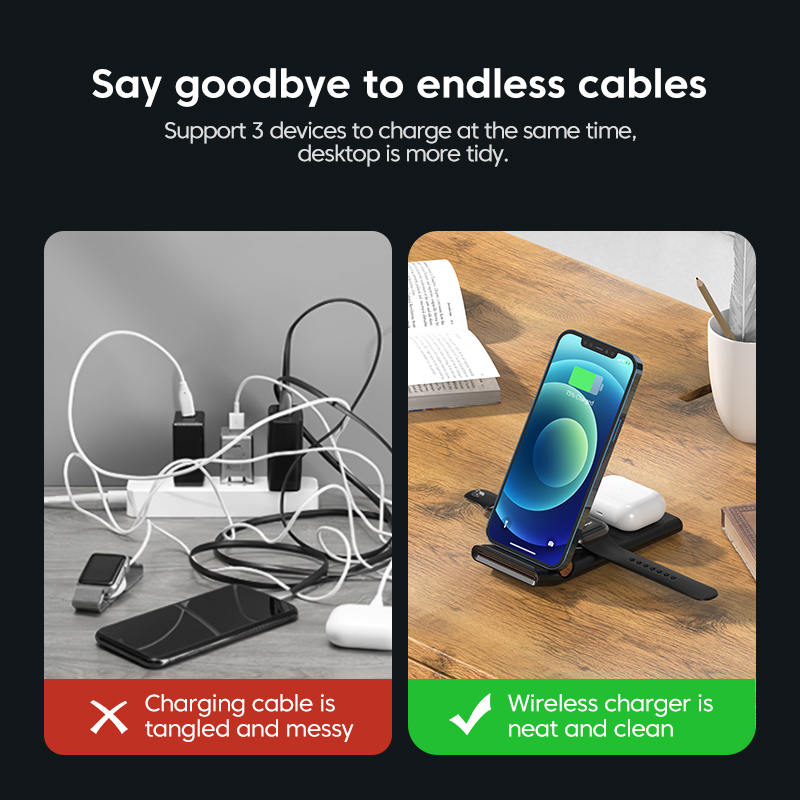 Kuulaa qi trådløs oplader 3 in 1 til iphone 13 12 11 pro max xr  x 8 foldbar ladestation til apple watch airpods pro