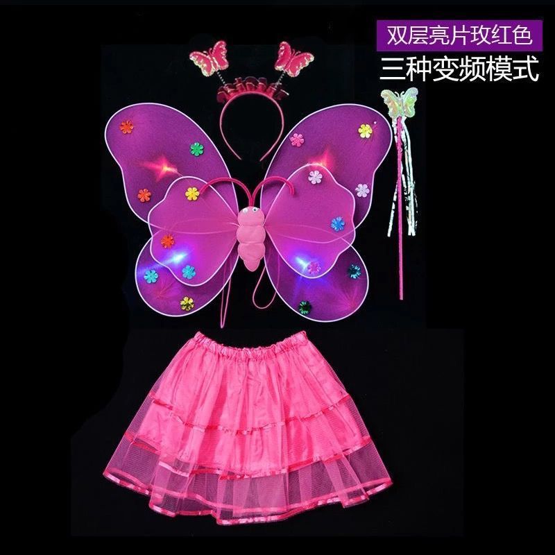 glühend kleidung Kindergarten Weihnachten Halloween mädchen freundlicher leuchten schmetterling flüGel freundlicher spielzeug zauberstab Party anzug: Mei rot