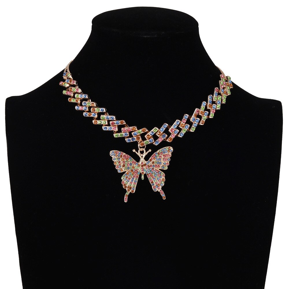 Collar de mariposa grande para mujer, cadena de eslabones cubanos de diamantes de imitación, Gargantilla con estilo, joyería Y2k de lujo: multicolor