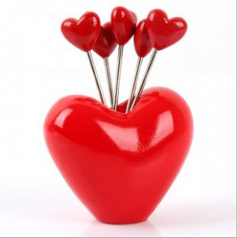 Fourchette à fruits en acier inoxydable | Fourchettes et support de 5 pièces nouveauté cœur rouge, fourchette à fruits en acier inoxydable, cuillère à Dessert, ustensiles de table, outils de cuisine