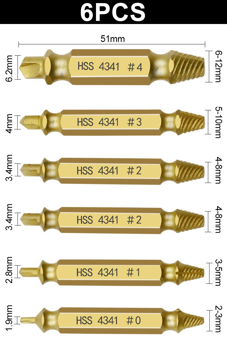 Extractor de tornillos de 6CPS, juego de Brocas HSS, herramienta de eliminación de tornillos de cabeza rota, extractor de pernos, herramienta de pelado de tornillos