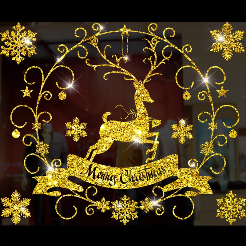 Glänzende Gold Weihnachten Baum Fenster Aufkleber Santa Fahrt Weihnachten Girlande Zauberstab Decals Neue Jahr Schaufenster Aufkleber Schneemann Wohnkultur