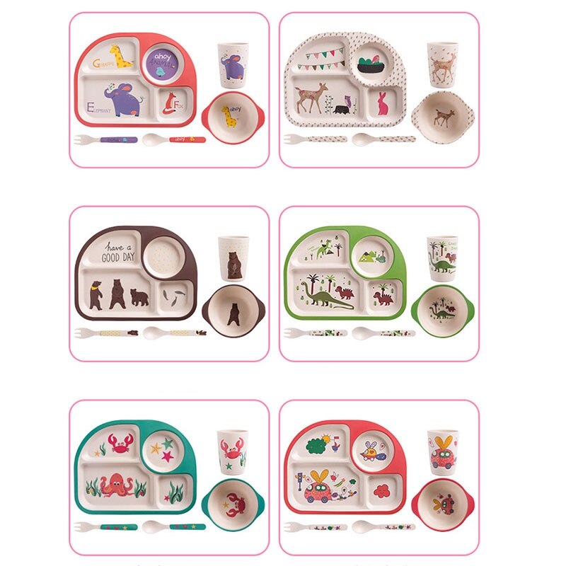 5 stk / sæt baby bambusfiberskåle søde tegneserie miljøvenlige børns servise naturligt bordsæt adskilt fodringsplade