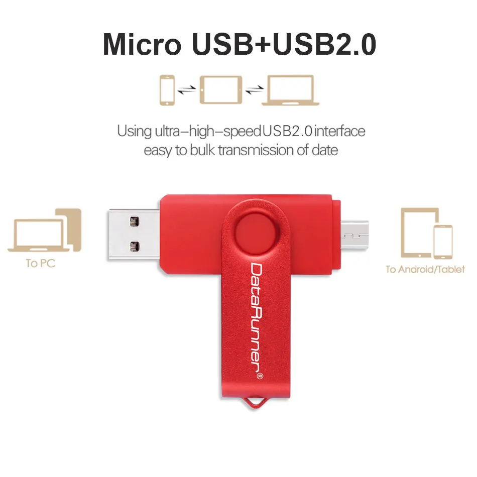 DataRunner USB 2.0 Flash Drive OTG Pen Drive 128GB USB Stick 8GB 16GB 32GB 64GB Pendrive Flash Disk voor MicroUSB Android/PC