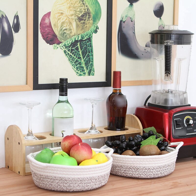 Paquete de 2 cestas de cuerda de algodón, canasta de almacenamiento tejida pequeña, bandeja de tela, tazón, plato abierto redondo para frutas, joyería, llaves