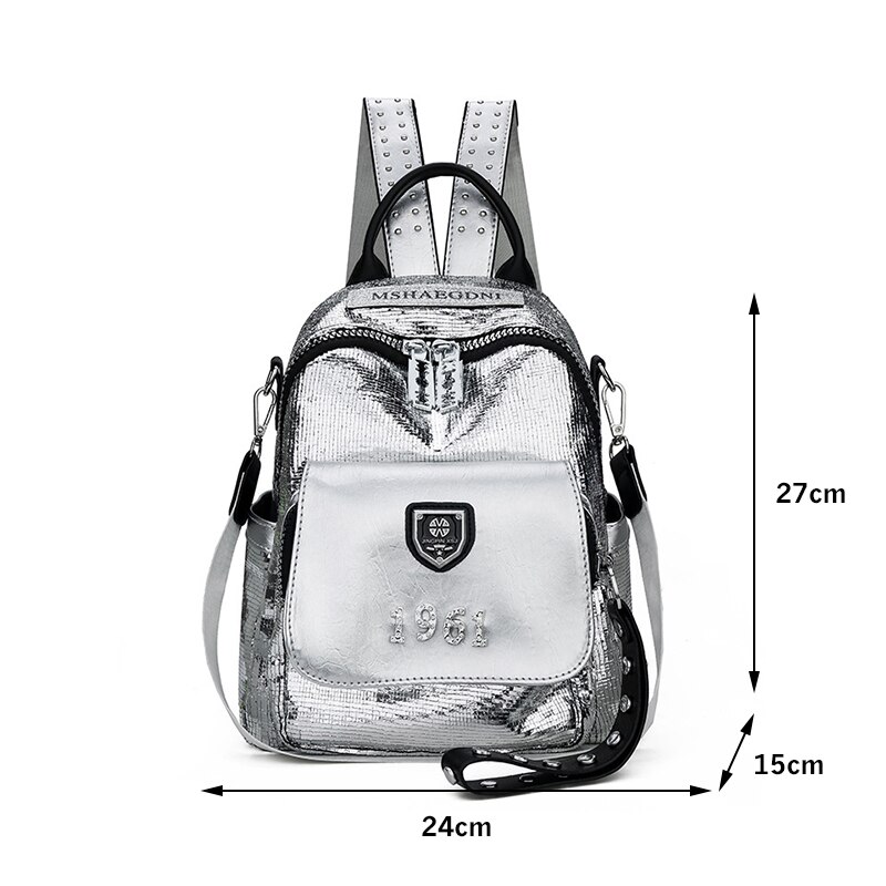 Silver Leather Bag Packs School Bags Teenage Girls Multi-function Travel Backpack Sac A Dos Shoulder Bag Black Back Pack Zipple