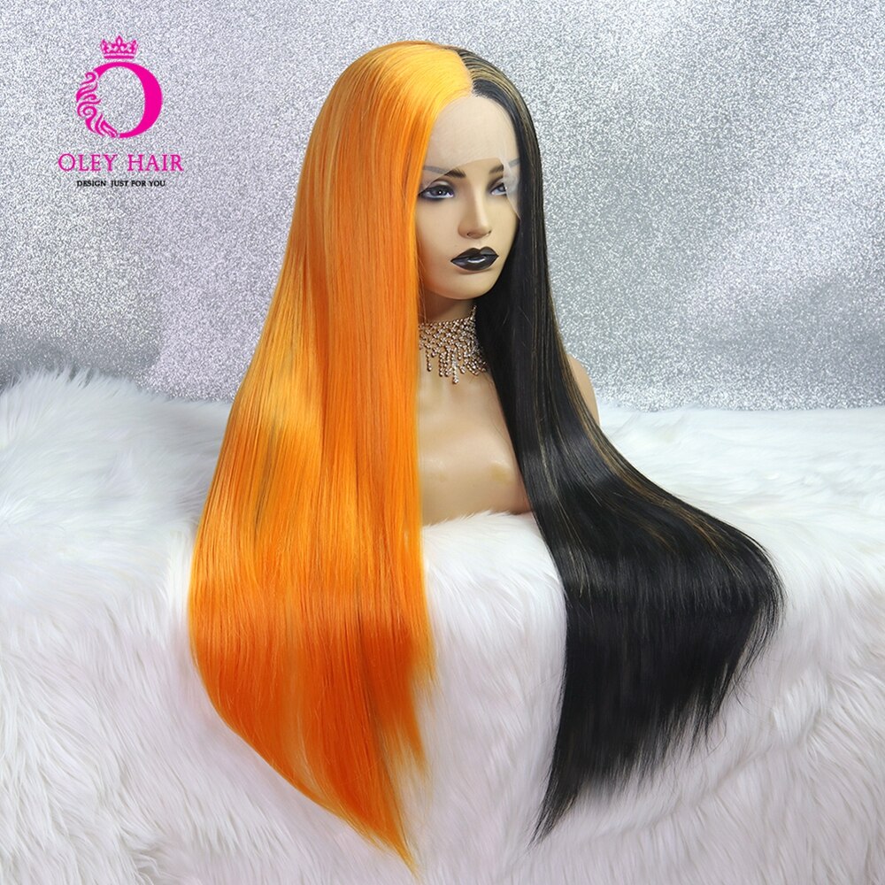 Half Orange Half Black Wig Glueless Synthetic Lace Front Wig Mango Swirl Long Straight Cosplay Wigs For Black Women