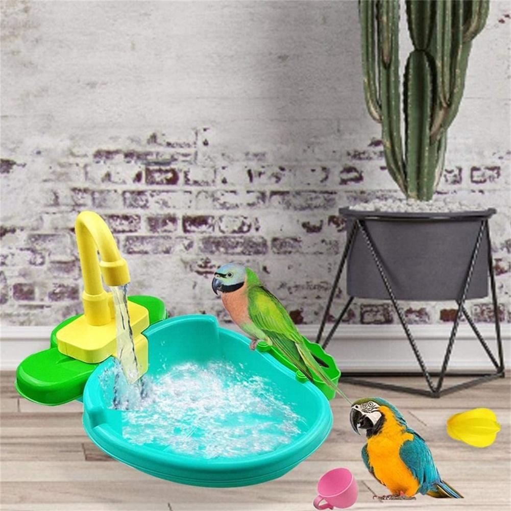 Bird Bath Tub With Faucet Pet Parrots Parakeet Cockatiel Fountains Spa Pool Shower Multifunctional Toy Cleaning Tool