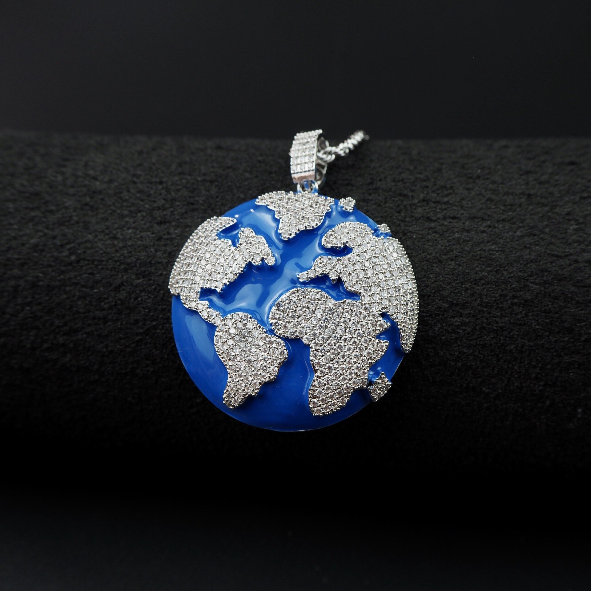 Iced Out Blue Earth Pendant Bling Cubic Zircon Necklace For Men and Women Hip Hop Jewelry: Imitation Rhodium Plated / Cuban Chain / 24 inch