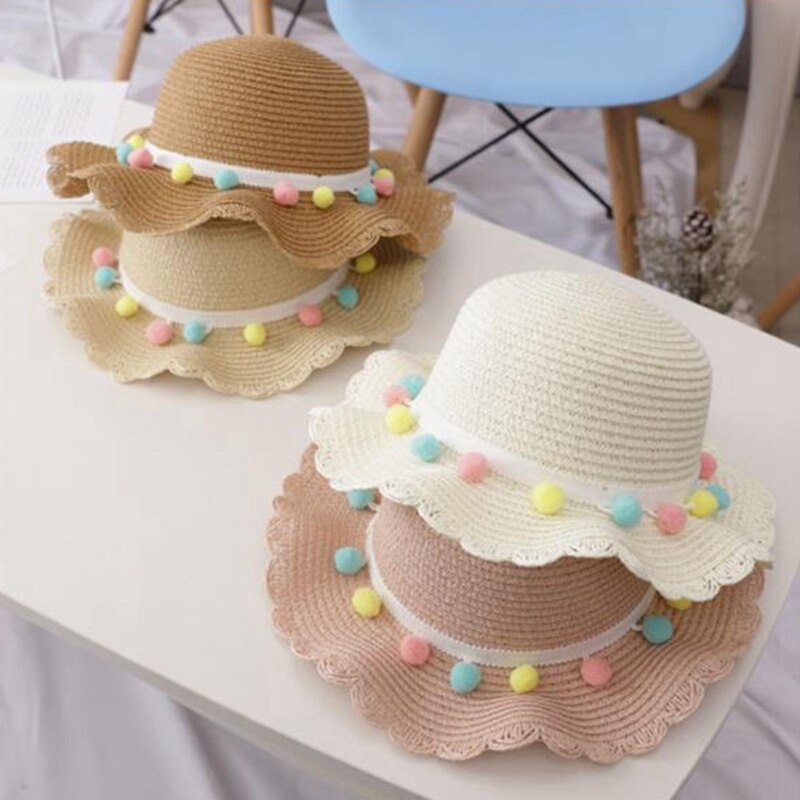 Gorro de paja tejida con ala ancha para niños y niñas, gorro de playa con pompón colorido, cubo flexible, bolso portátil