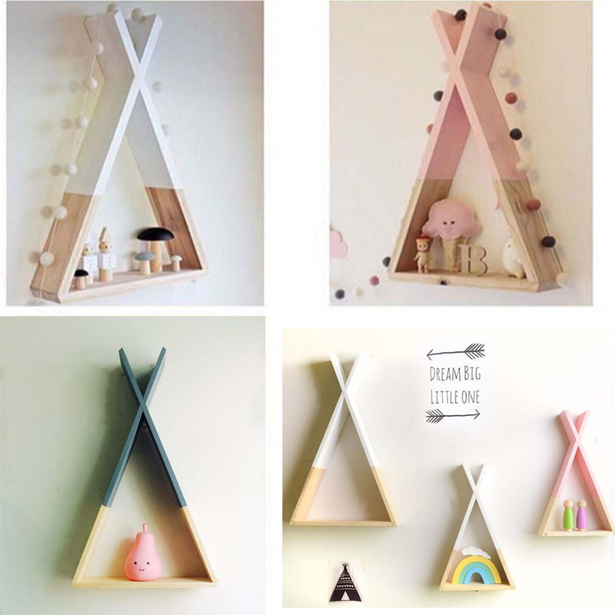 Vitrina de madera con marco triangular de pared, soportes de almacenamiento, estantes, decoración para sala de estar, dormitorio, niños, estante de almacenamiento en habitación