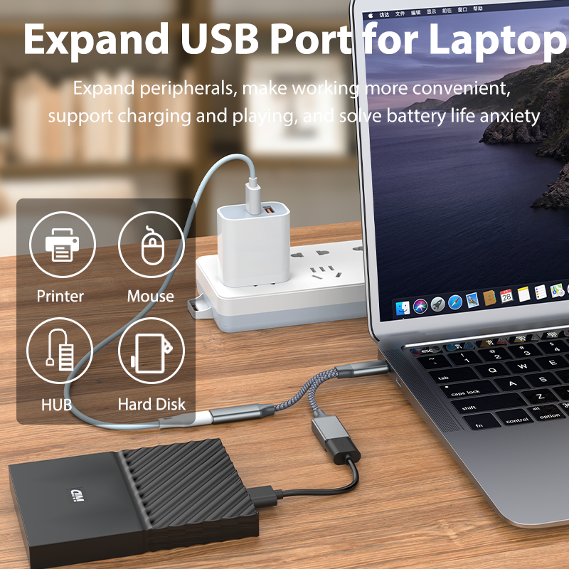 2 IN 1 USB C OTG Cable Adapter Type C to USB3.1 PD 30W Fast Charger Port with USB Female Splitter Adapter for Samsung Xiaomi