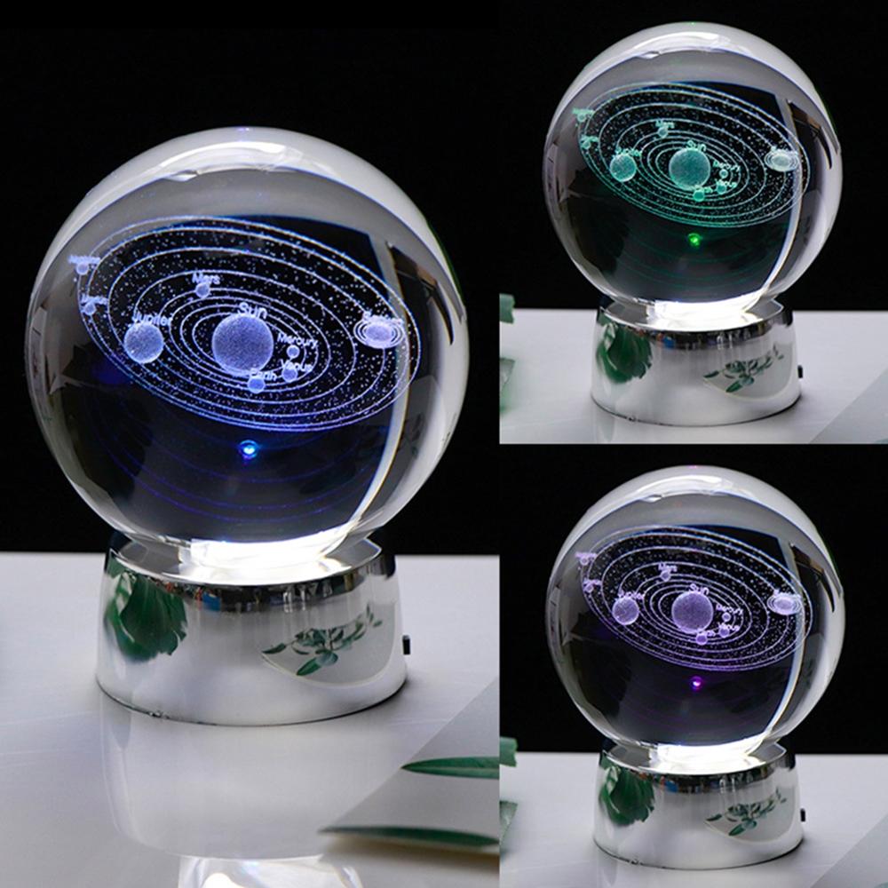 3D Solar System 60MM Crystal Ball Planets Glass Ball Engraved Globe Miniature Decor: LED Base