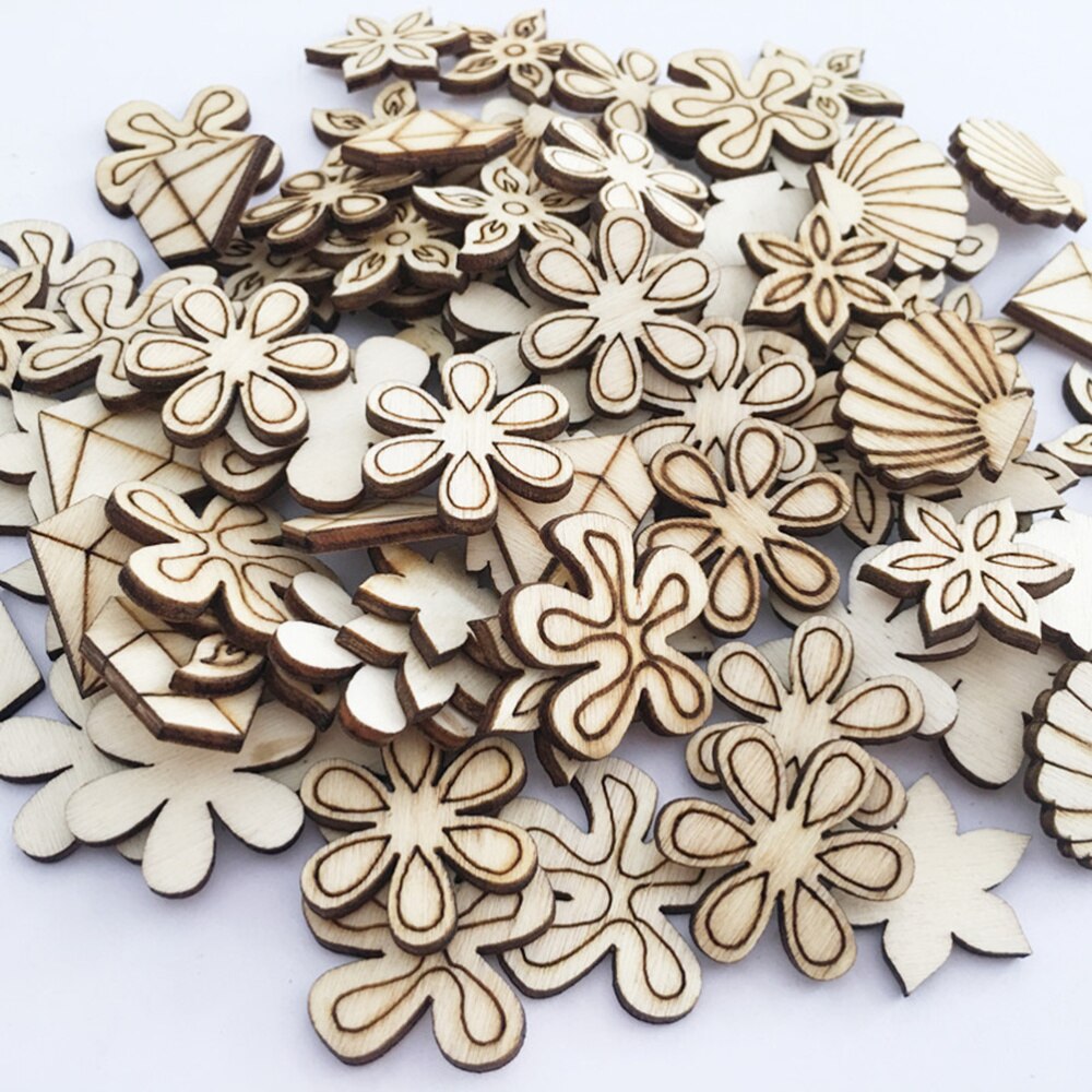 100 pcs Wooden Pieces DIY Cartoon Embellishments Wood Ornament Cutouts Craft for Home Decoration