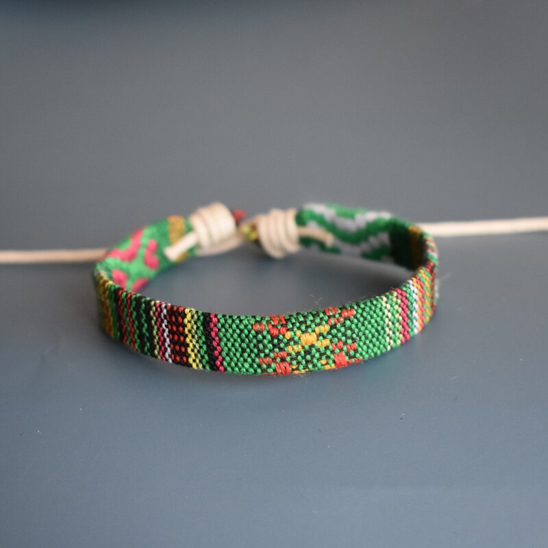 Pulsera Bohemia hecha a mano de estilo étnico para mujer, brazalete de tela trenzada de algodón con patrón étnico, pulseras tejidas bohemias: Green