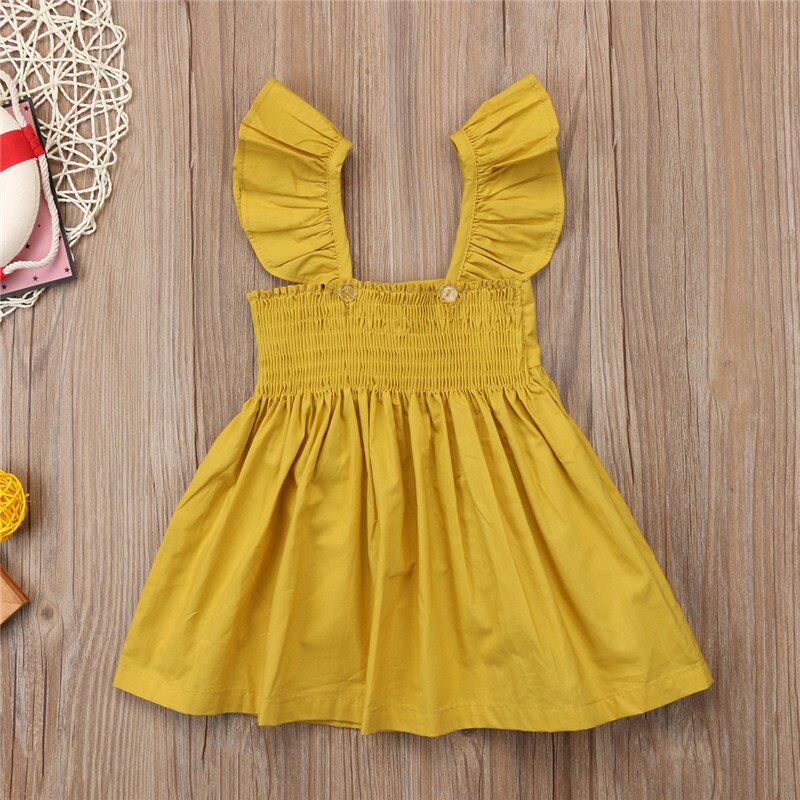 2 färger enfärgad gul rosa söt volanger klänning bebis flicka kläder nyfödda barn ärmlösa pilbågar sommar princess klänningar outfits