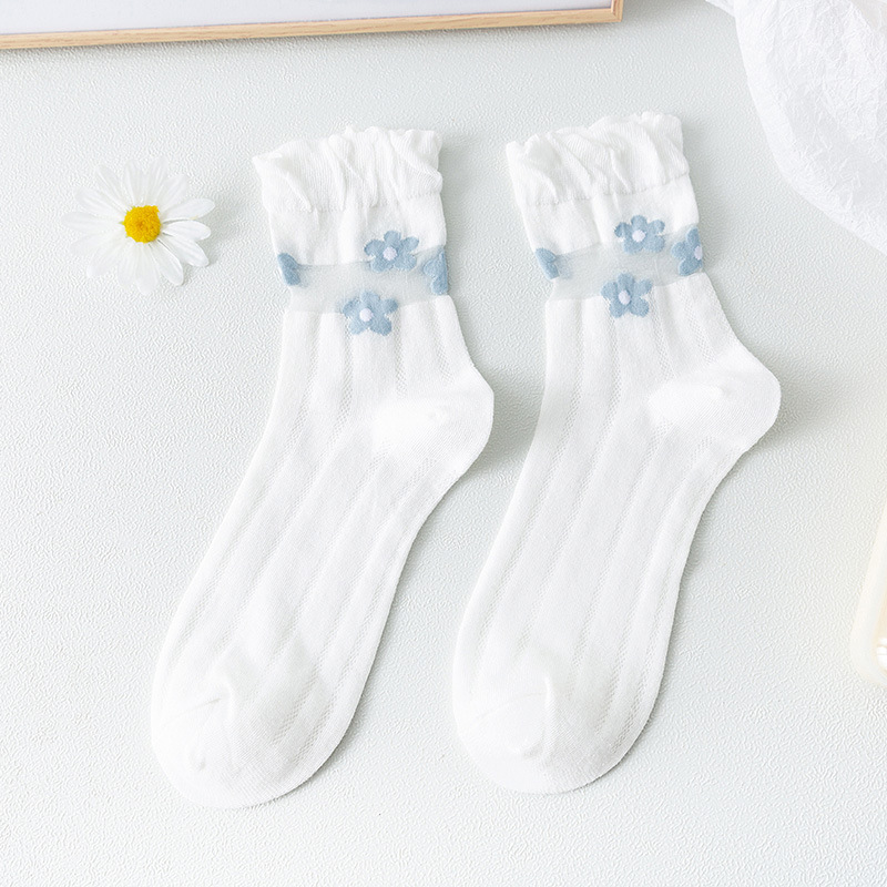 Baumwoll socken Frauen weiße Spitze weibliche dünne Mittel rohr eins Blumen druck niedlichen Baumwolle Frühling Herbst Sommer Rüschen Mädchen Strümpfe: Schwarz