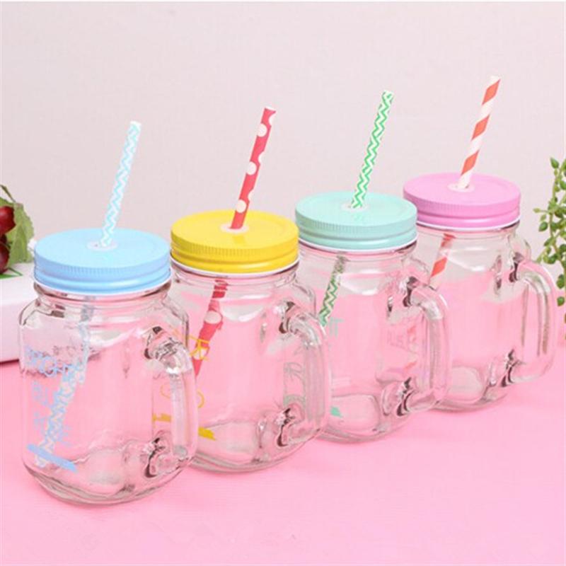 Bouteille transparente en verre, pour jus de fruits, jus de fruits et boissons fraîches, contenant en paille pour le Sport, bocal à maçon et citron, avec couvercle