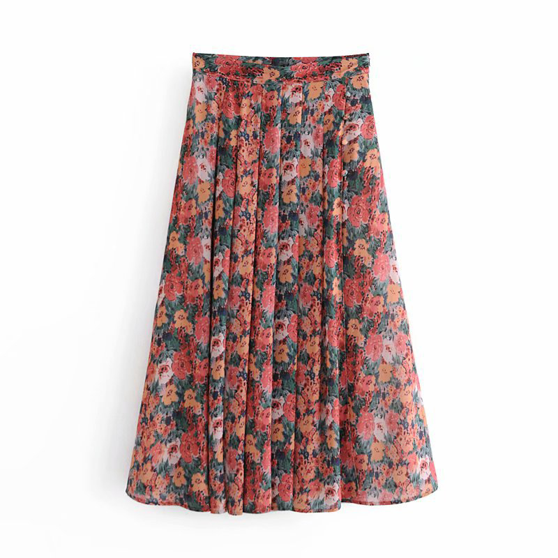 KBAT Red Floral Print Midi Skirts Womens Spring Pleated Skirt High Waist Zipper Chiffon Skirt: Red / L