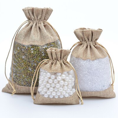 10 stk linned smykkepose klart vindue slik emballage poser perler diverse opbevaringspose arrangør blomst te emballageposer: 10 x 14cm