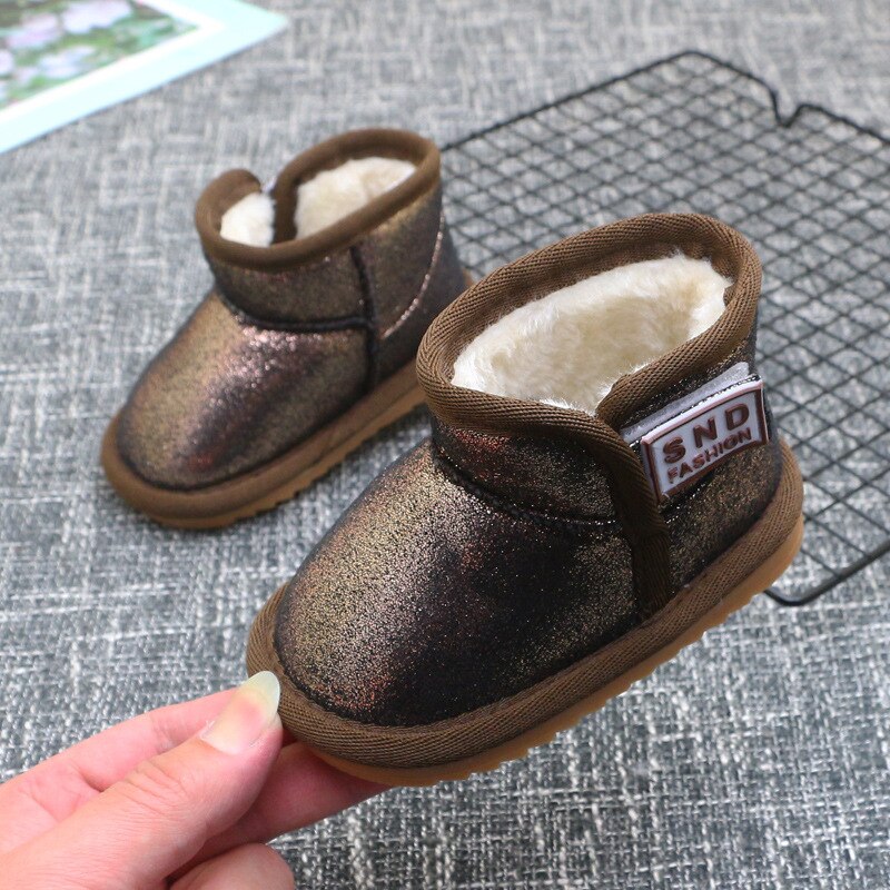 Vinter baby snøstøvler småbarn jenter fleece-fôrede støvler 1-3 år barn gutter sko: Brun / 1