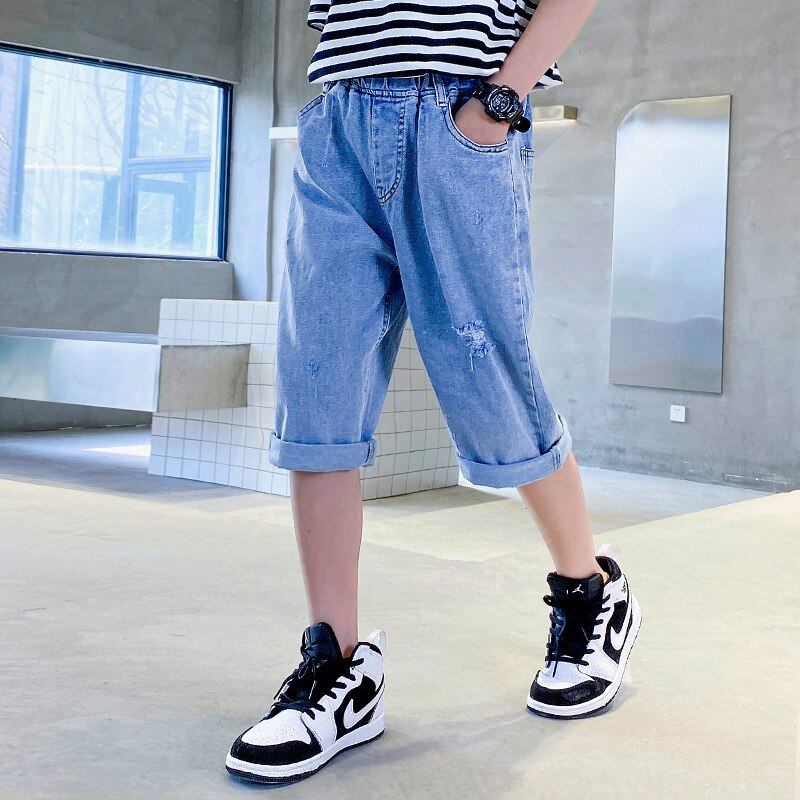 Los niños pantalones vaqueros de niño ropa estampado de letras Jeans azul clásico pantalones niños Denim Pantalones cortos de niño adolescente pantalón corto Casual Pantalones