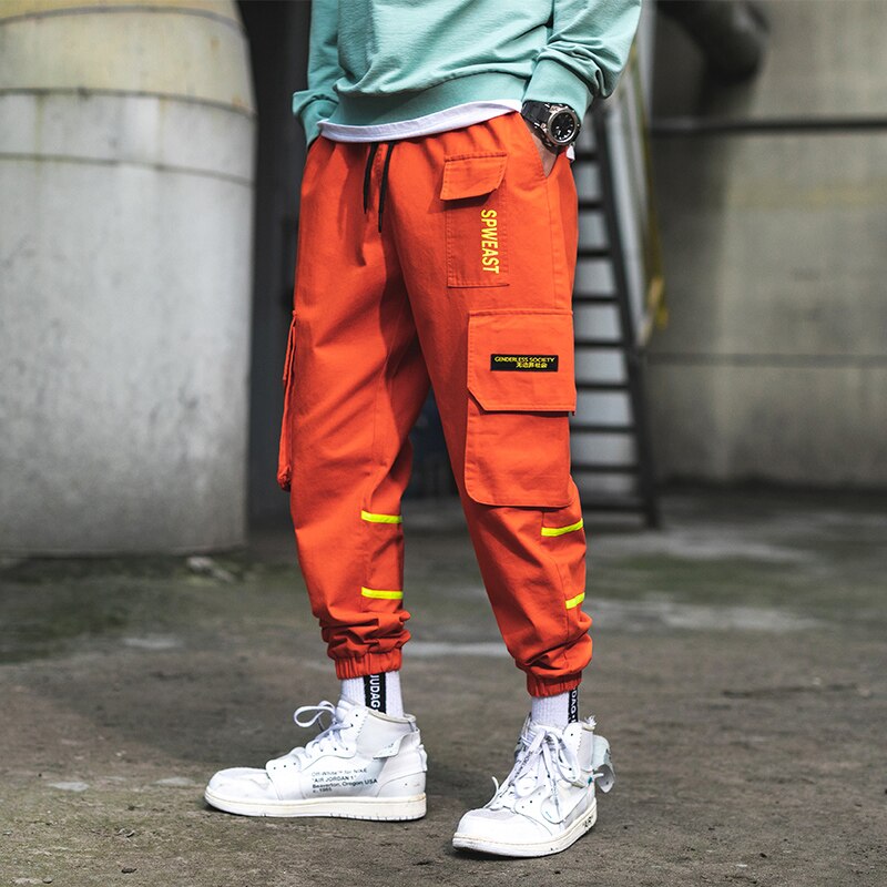Men Harem Pant Multi Pocket Orange Trousers Feet Leisure Trouser Hip Hop Cargo Pants Streetwear: orange / M
