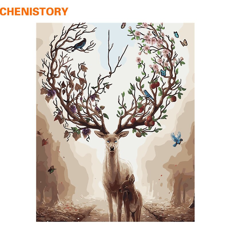 CHENISTORY cadre cerf peinture à la main par numéros Kit animaux photo par numéros Art mural peint à la main peinture à l'huile pour décors de la maison: 99876 / 60x75cm diy frame