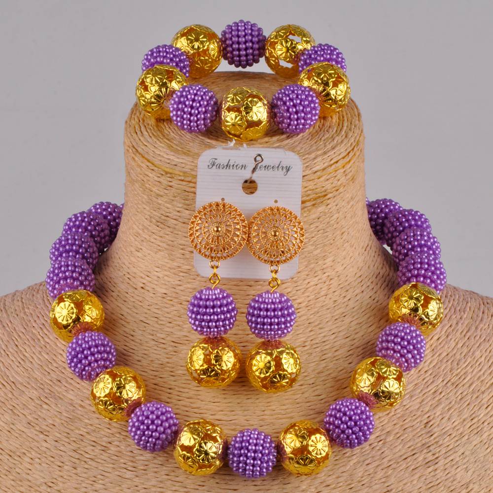 Klassieke nigeriaanse trouwsieraden, afrikaanse bruidsjurkaccessoires, perzikkleurige imitatieparelkettingset (az -77): Lichtpaars